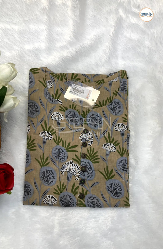 Floral Printed Cotton Top - Olive Grey