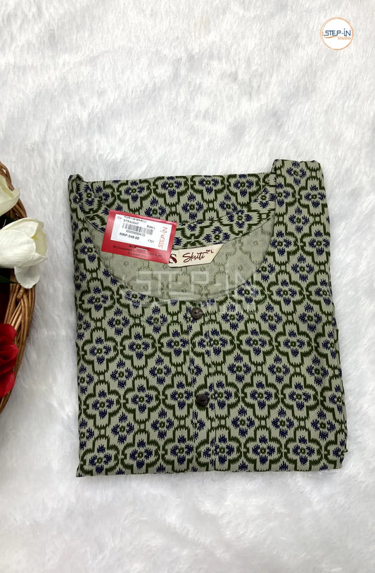 Floral Printed Cotton Top - Pale Olive Green