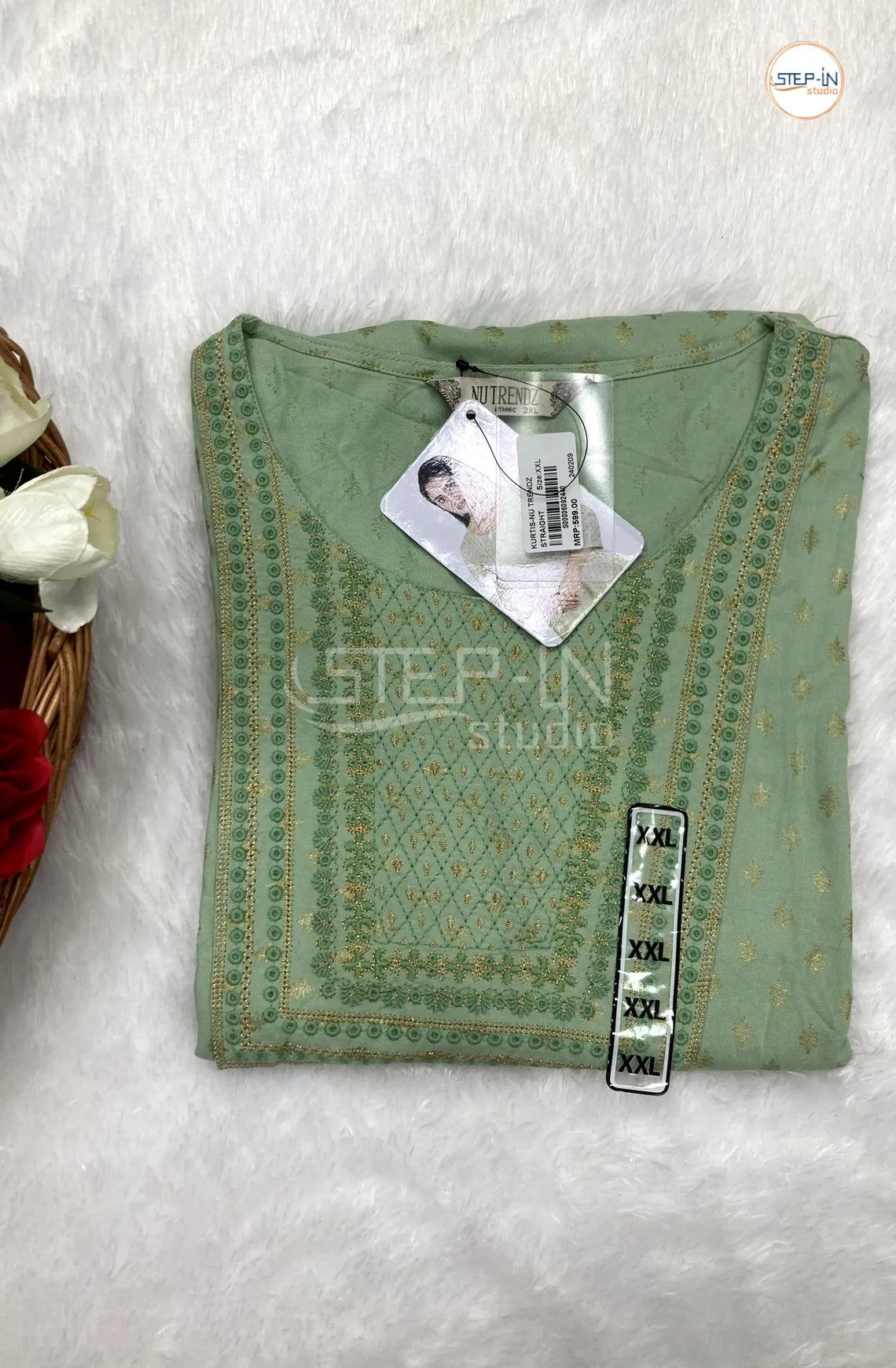 Floral Printed Cotton Top - Pista Green