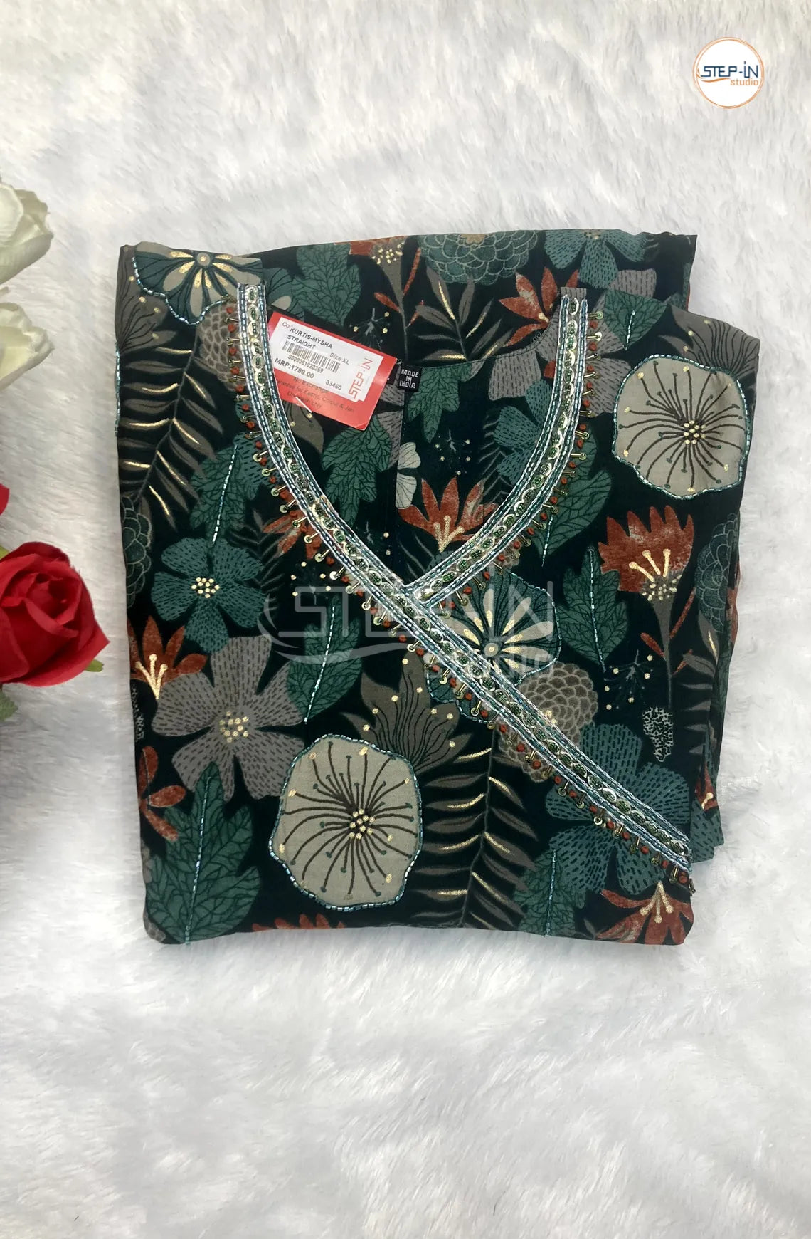 Floral Printed Cross Over Neck Top - Green & Pine Green