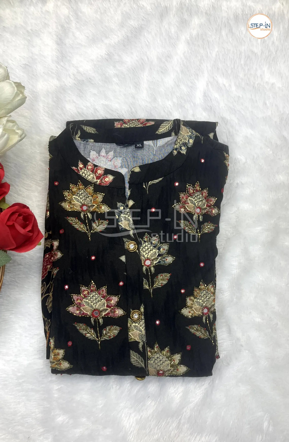 Floral Printed Mandarin Coller Mirror Work Top - Black