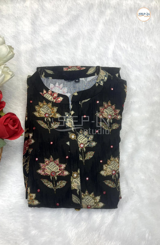 Floral Printed Mandarin Coller Mirror Work Top - Black