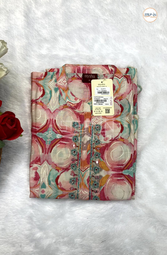 Floral Printed Mandarin Coller Top - Red & Sea Blue