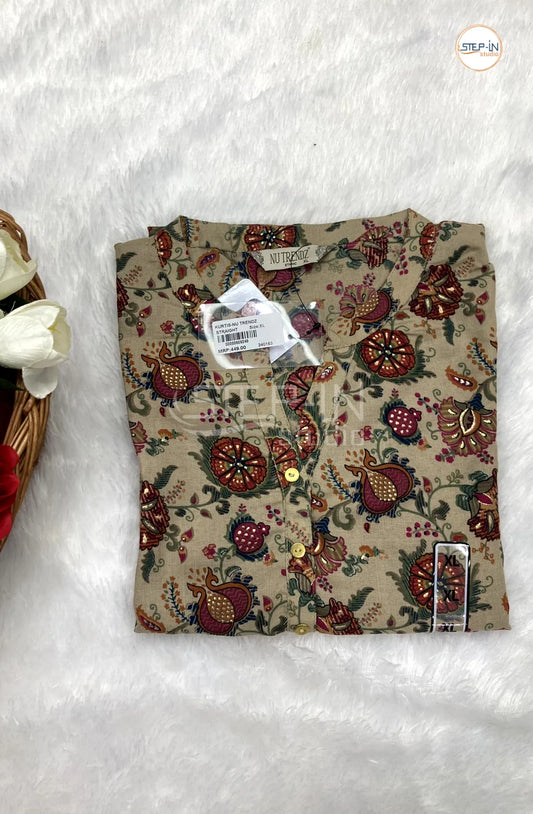 Floral Printed Mandarin Collor Top - Caramel Brown