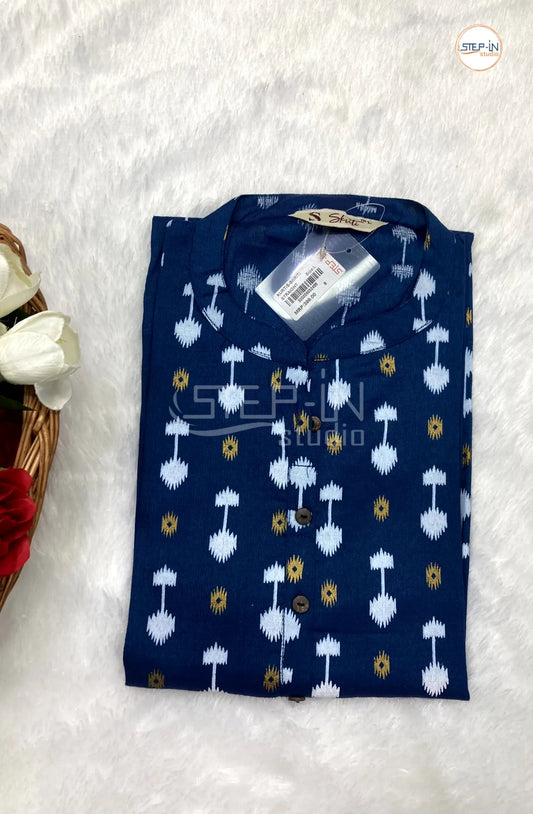 Floral Printed Mandarin Collor Top - Dark Blue