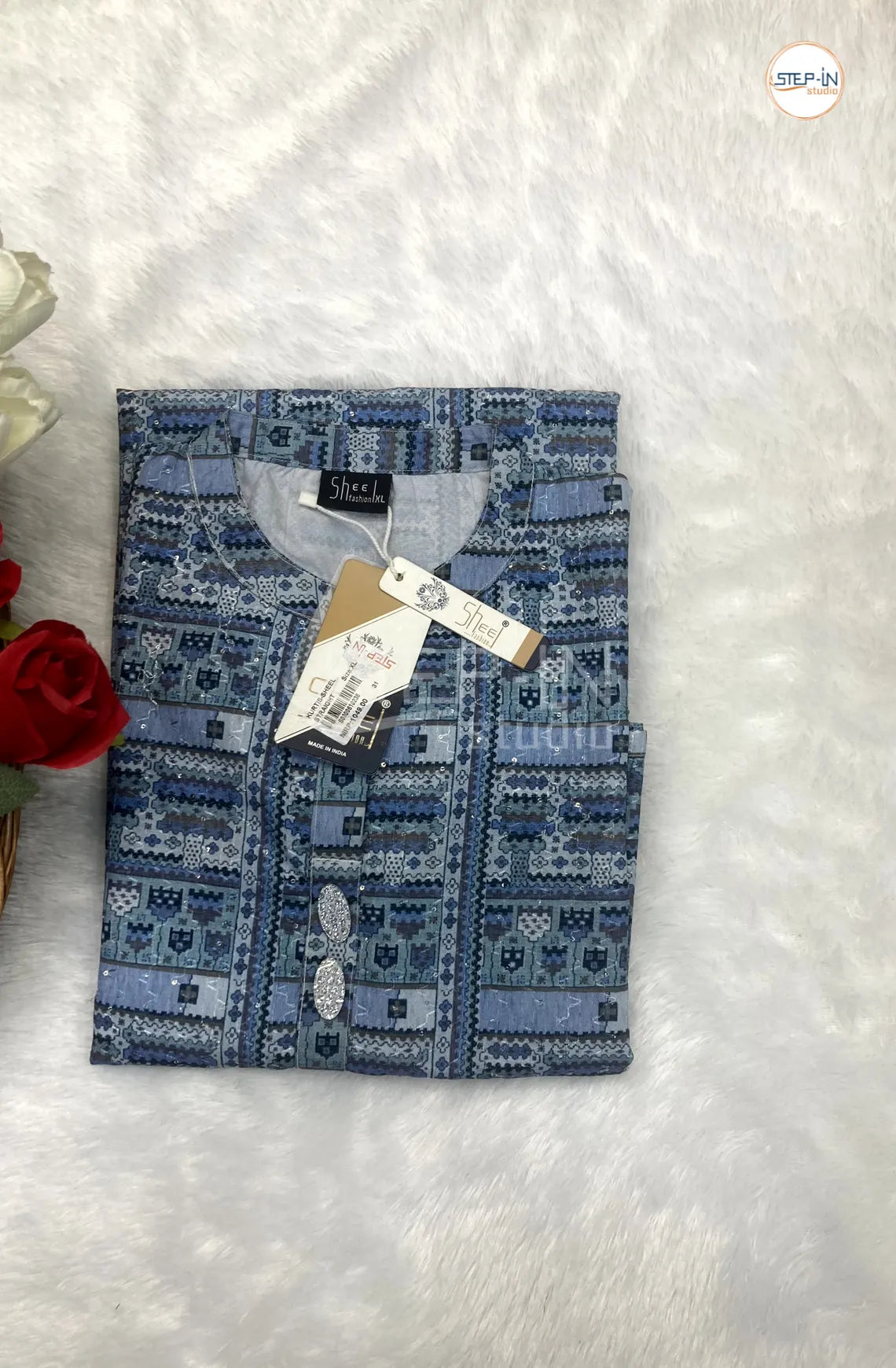 Floral Printed Mandarin Collor Top - Dark & Light Blue