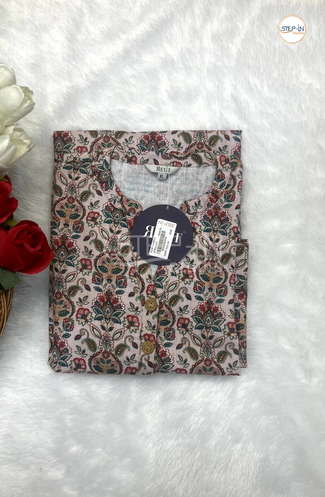 Floral Printed Mandarin Collor Top - Ice Pink