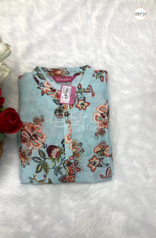 Floral Printed Mandarin Collor Top - Light Blue