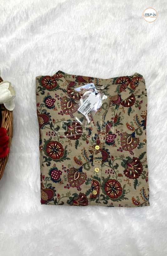 Floral Printed Mandarin Collor Top - Light Olive Green