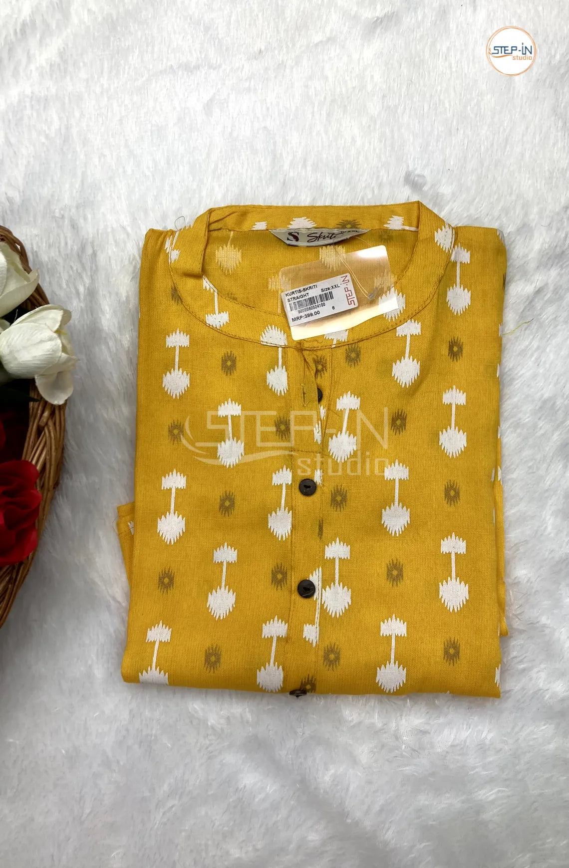 Floral Printed Mandarin Collor Top - Yellow