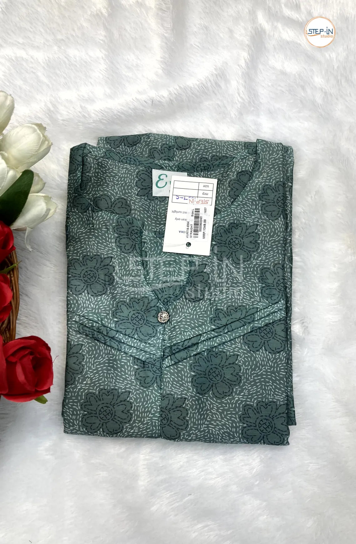 Floral Printed Neck Design Top - Blue Green