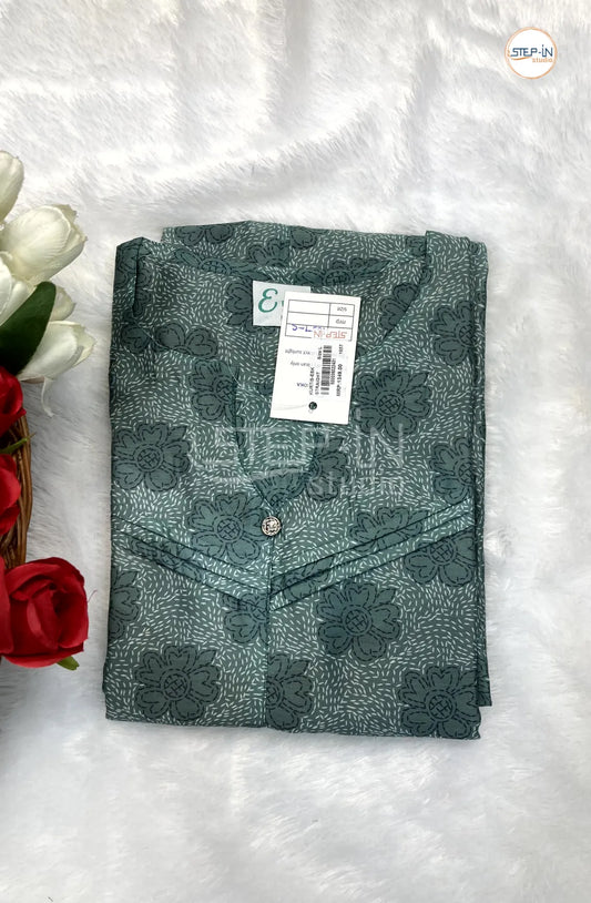 Floral Printed Neck Design Top - Blue Green