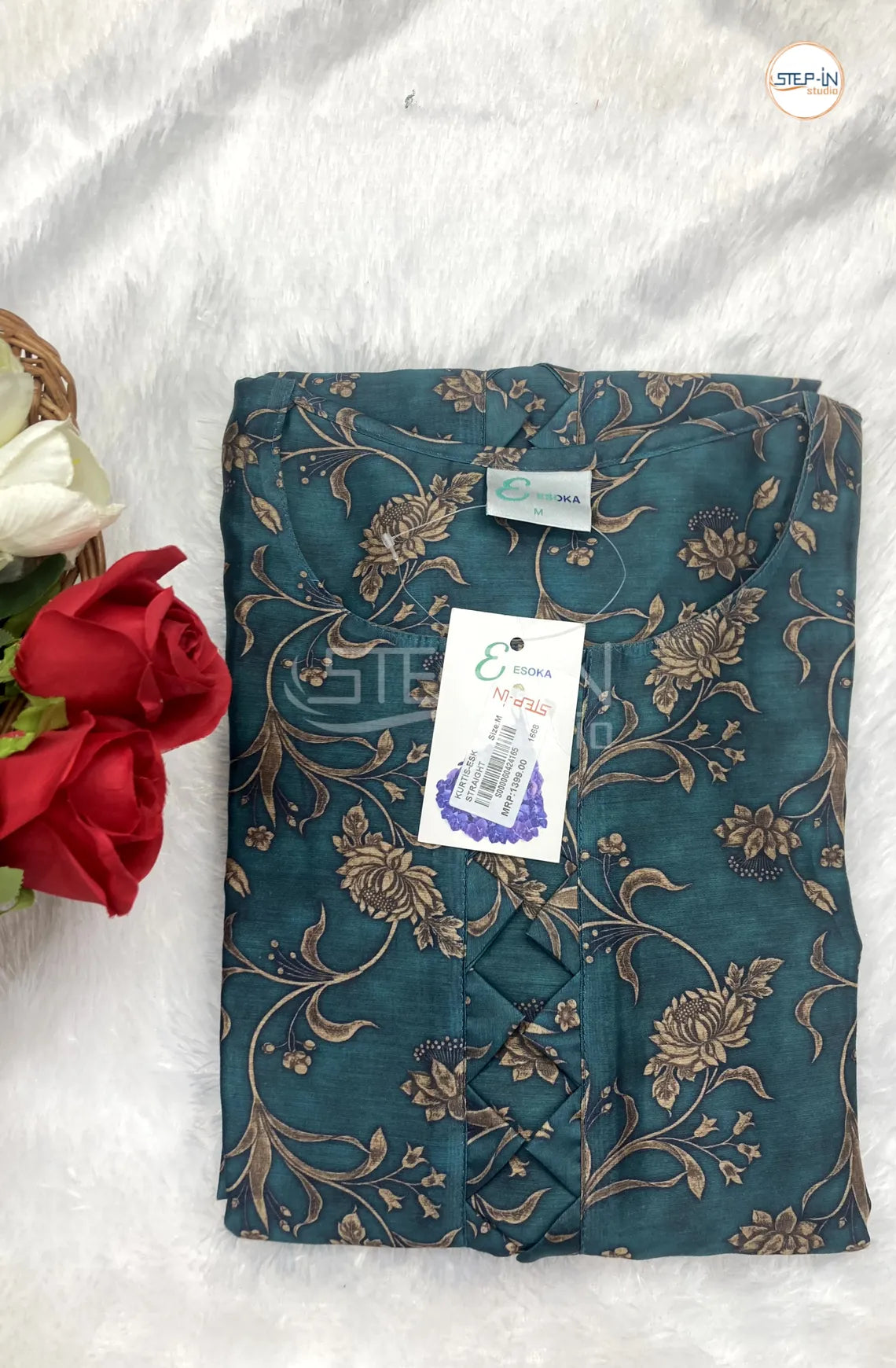 Floral Printed Neck Design Top - Dark Mallard Blue