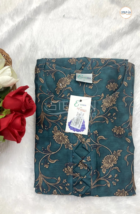 Floral Printed Neck Design Top - Dark Mallard Blue