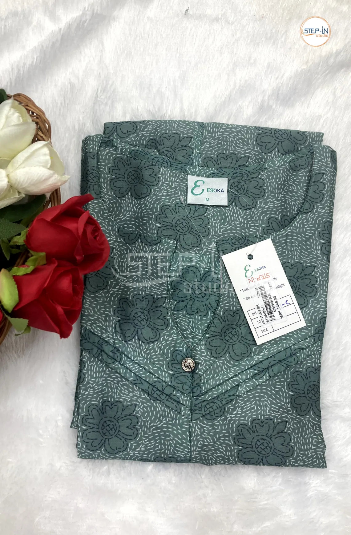 Floral Printed Neck Design Top - Medium Sea Green