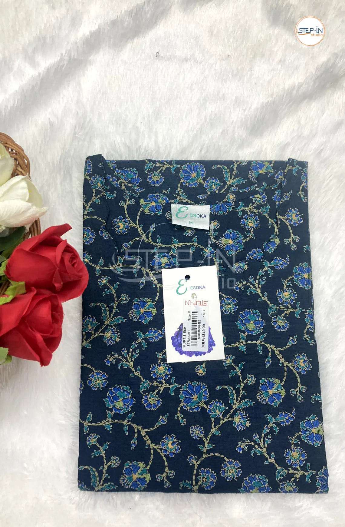 Floral Printed Neck Design Top - Uniform Blue