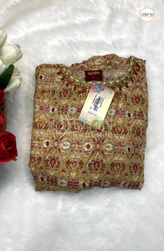 Floral Printed Neck Stone Work Top - Dijon Yellow