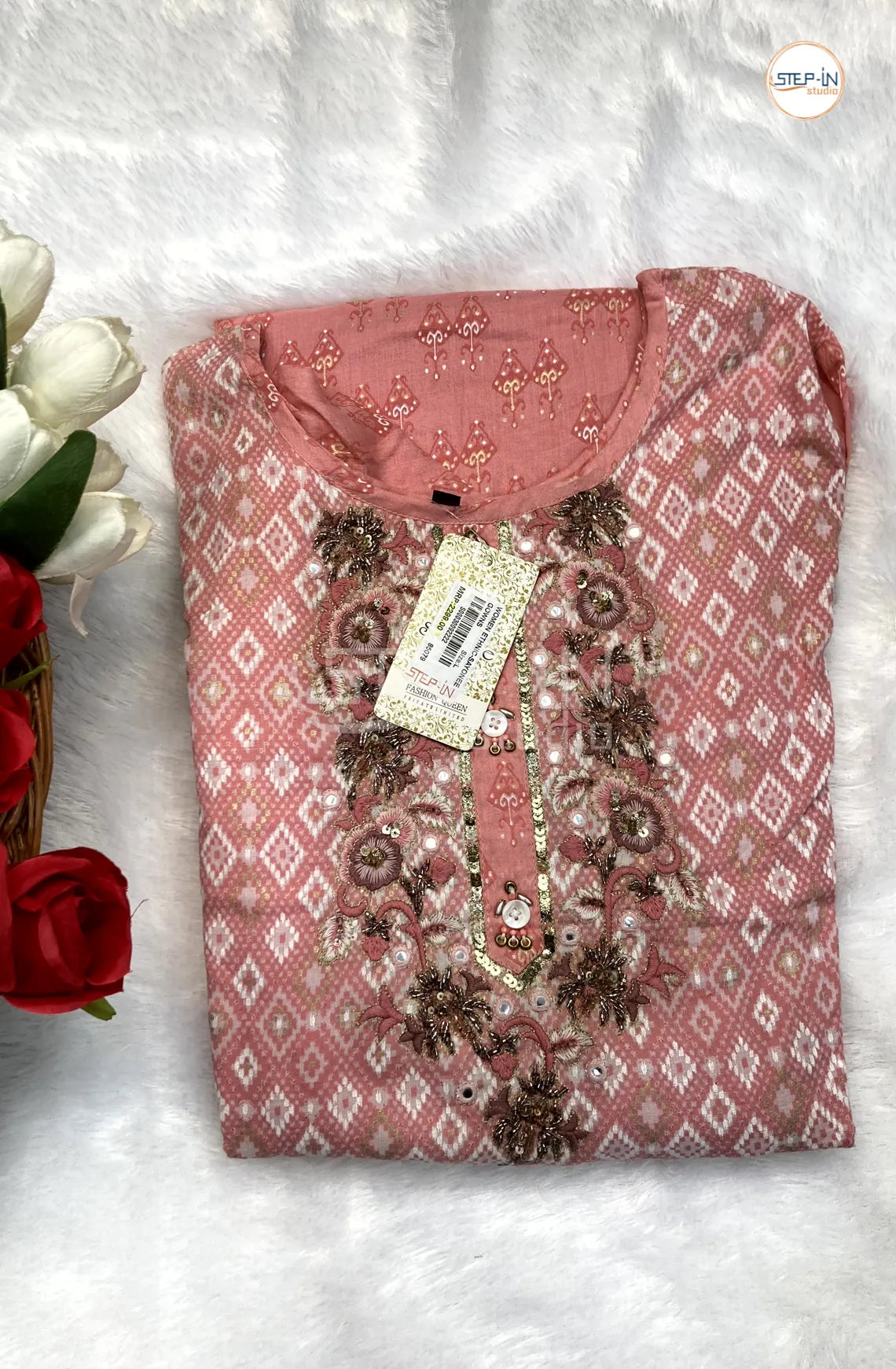 Floral Printed Neck Stone Work Top - Peony Pink