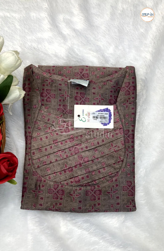 Floral Printed Neck Work Top -Taupe Brown