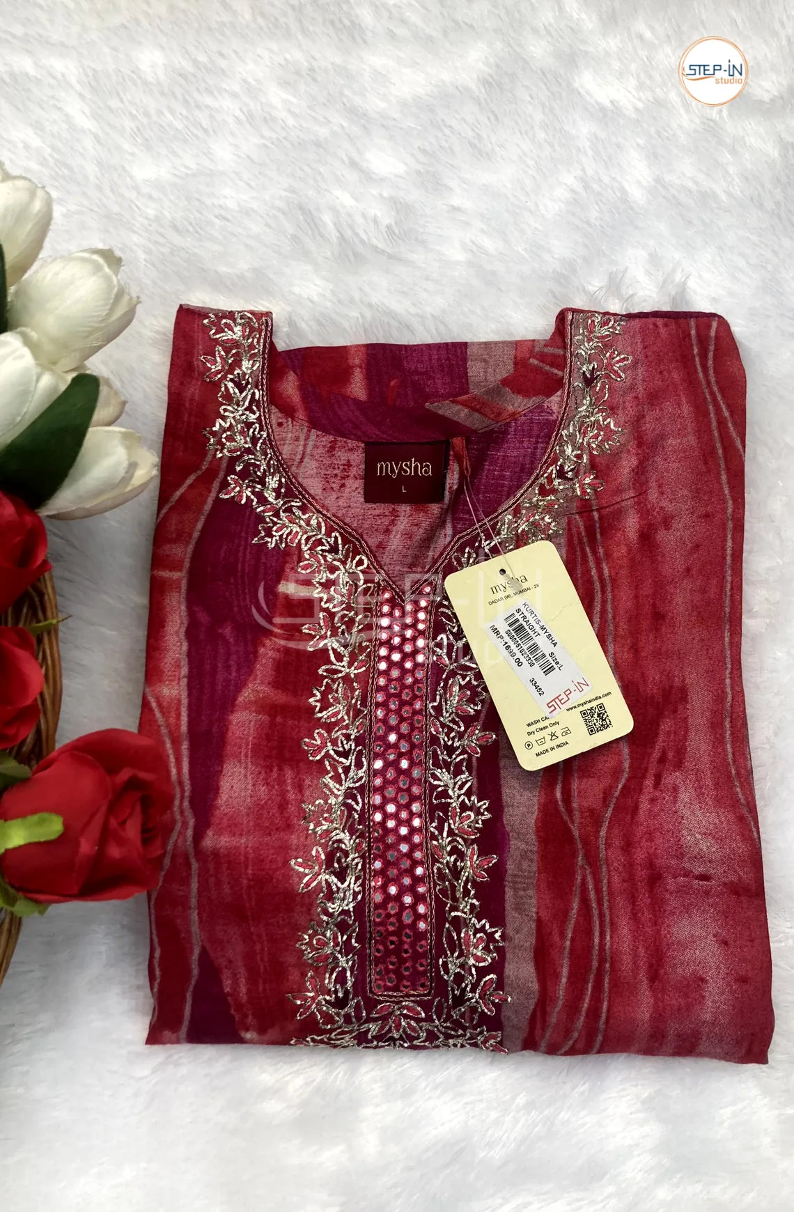 Floral Printed Neck Work Top - Red