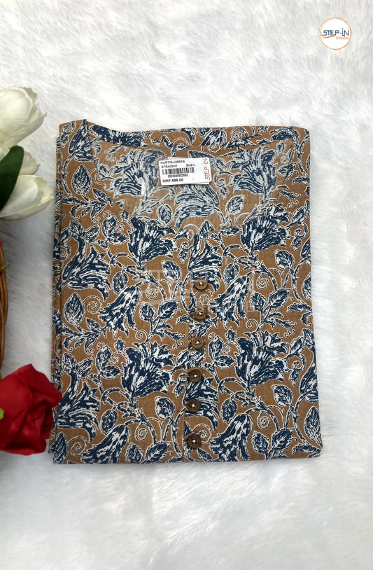 Floral Printed Soft Cotton Top - Pale Gold & Black