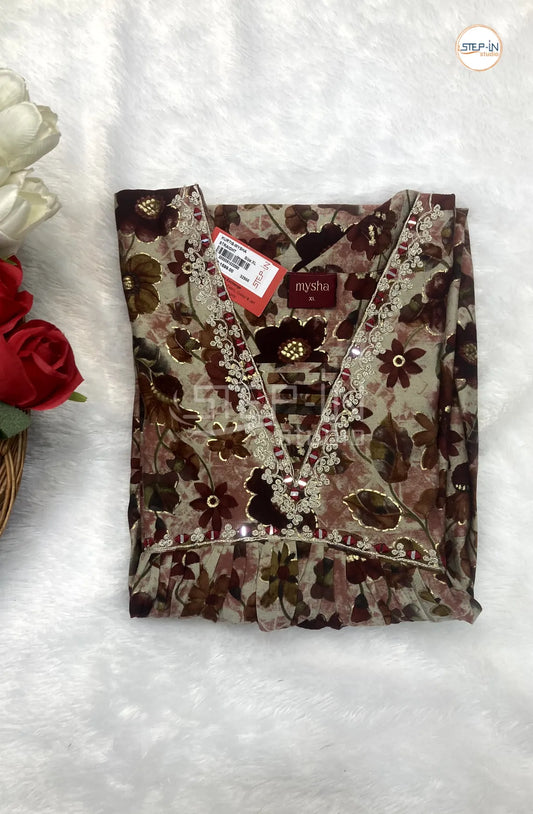 Floral Printed V Neck Work Top - Brown &  Pine Gery