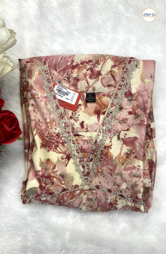 Floral Printed V Neck Work Top - Peony Pink & Off White