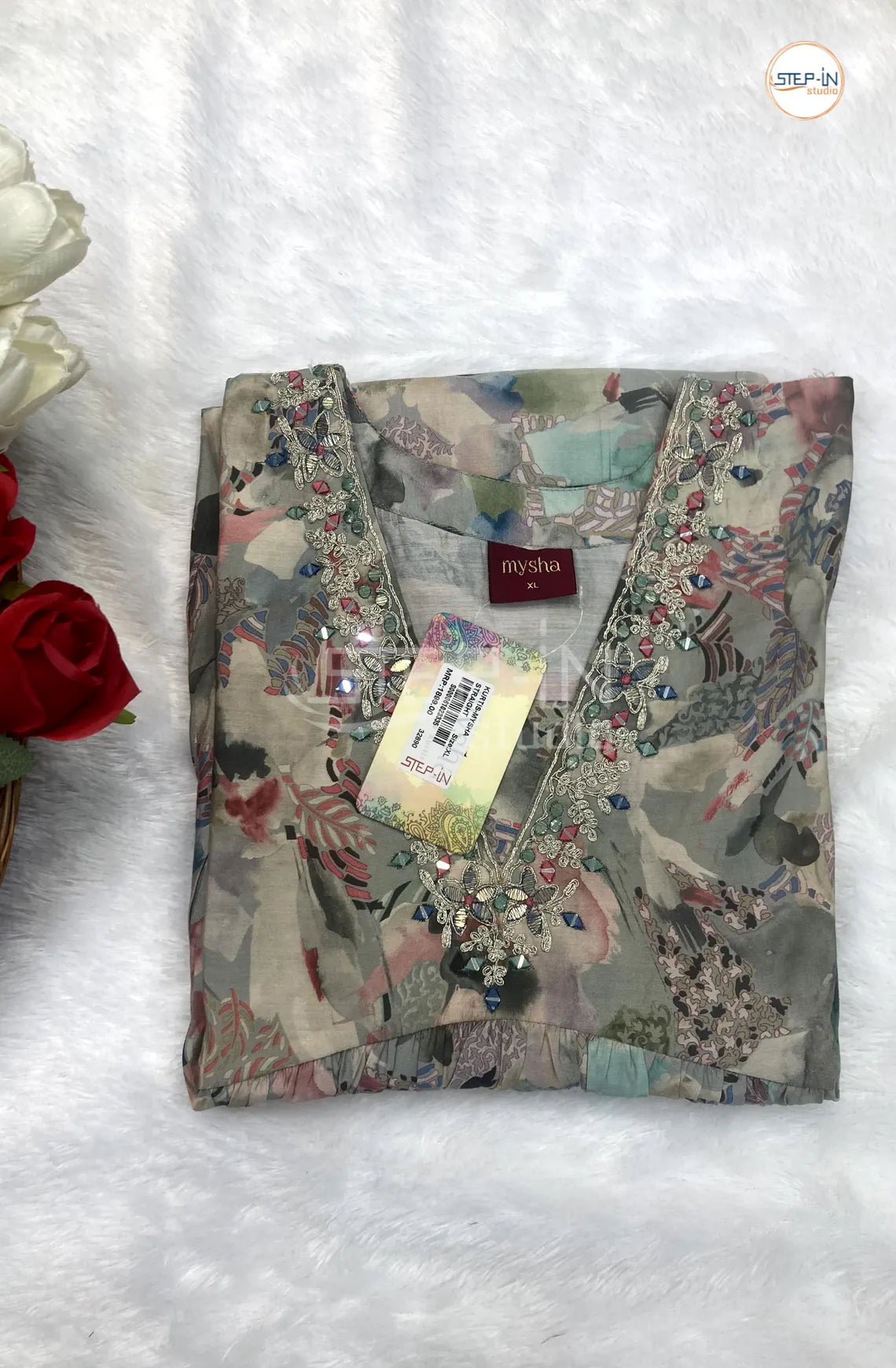 Floral Printed V Neck Work Top - Shades Of Green & Grey