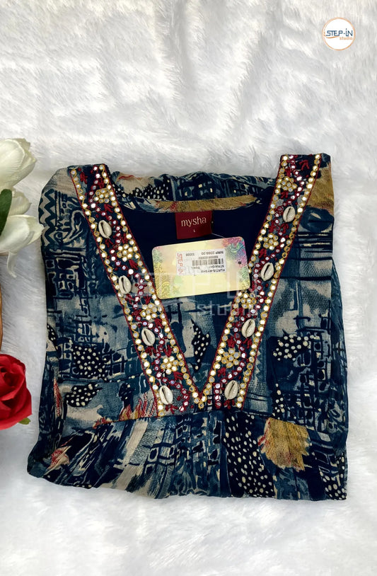 Floral Printed Worked V Neck Top - Navy Blue