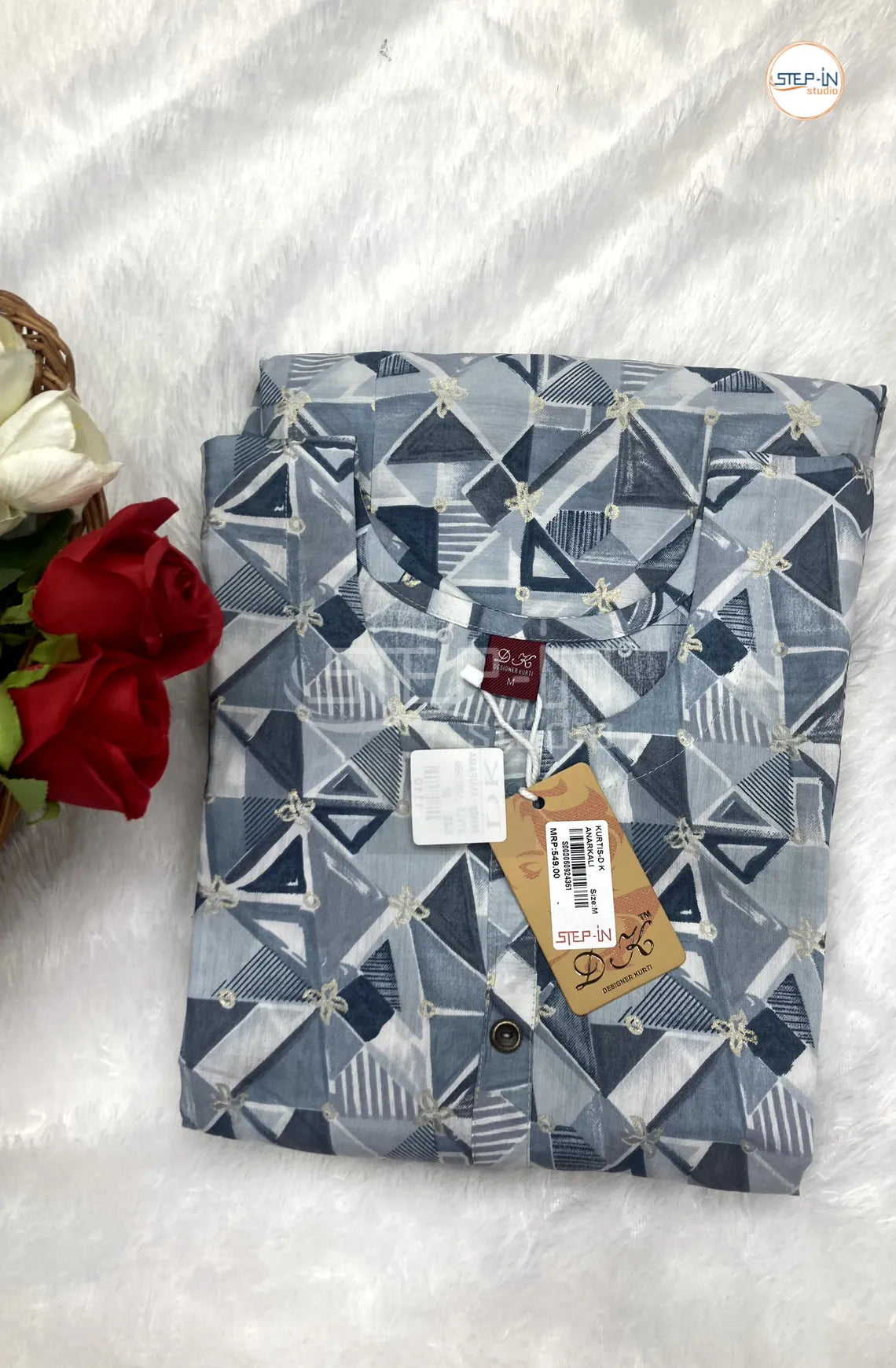 Floral Square Printed Cotton Top -Light & Dark Grey