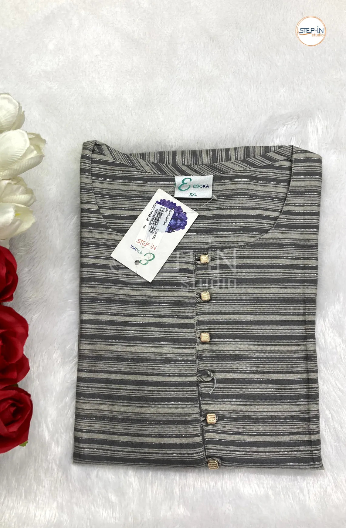 Floral  Striped Design Top - Grey