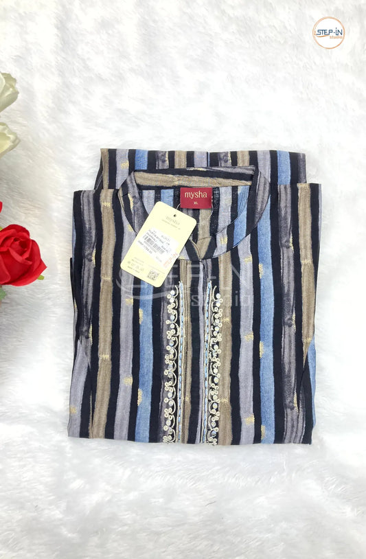 Floral Striped Mandarin Collor top- Black & Sky Blue