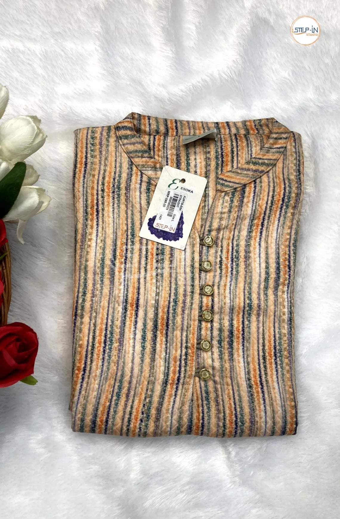 Floral Striped Printed Top - Orange & Skin