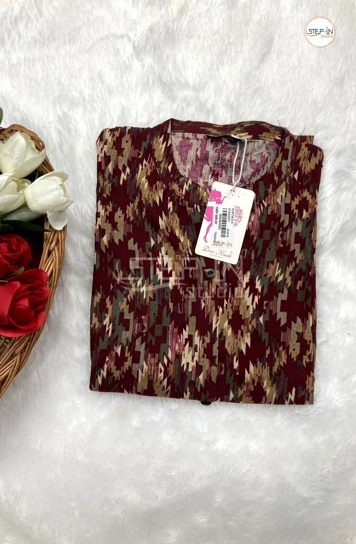 Floral White Aztec Printed Top - Dark Maroon