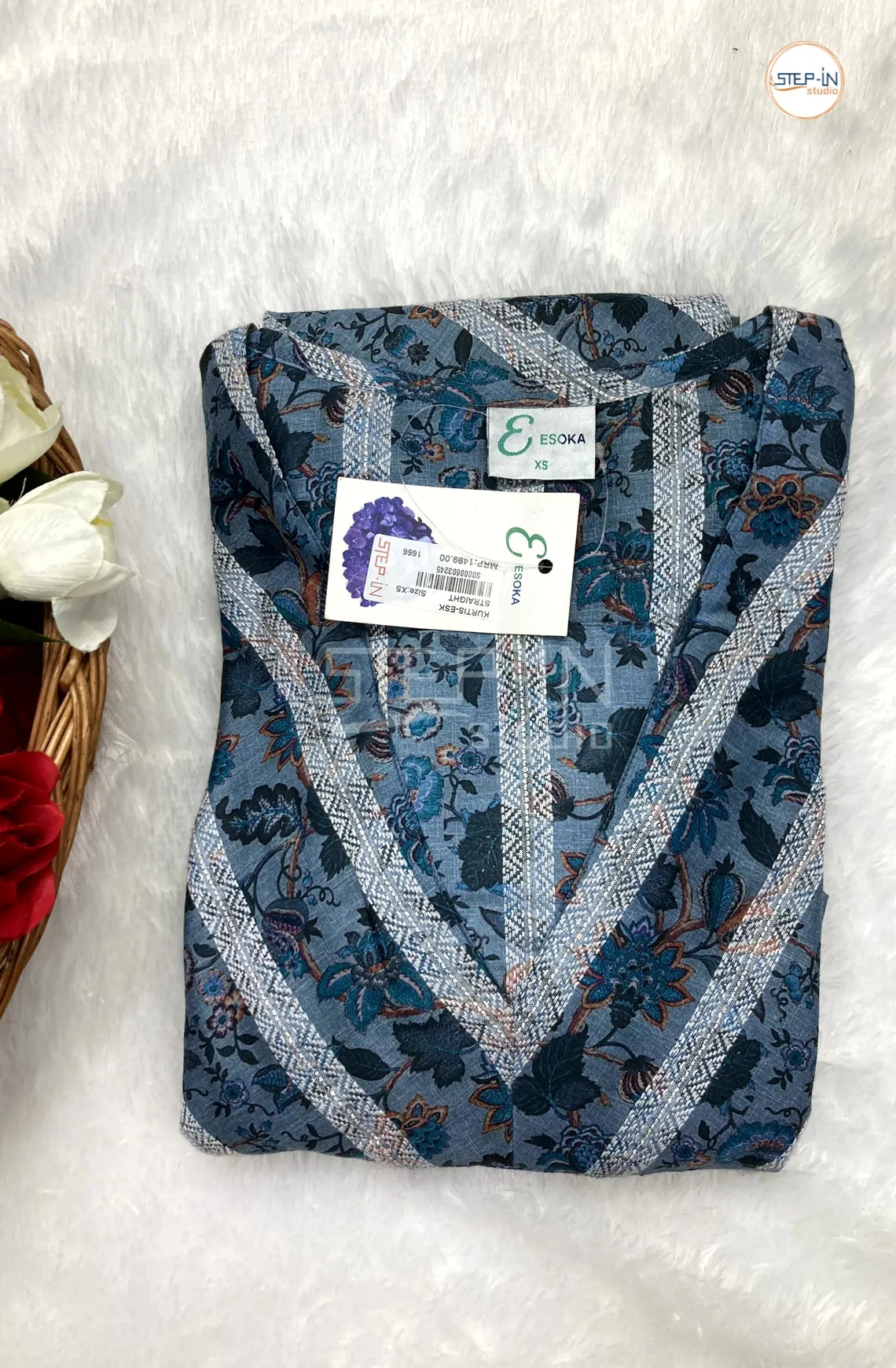 Floral White Chevron & Flower Printed Top - Navy