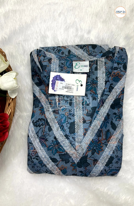 Floral White Chevron & Flower Printed Top - Navy