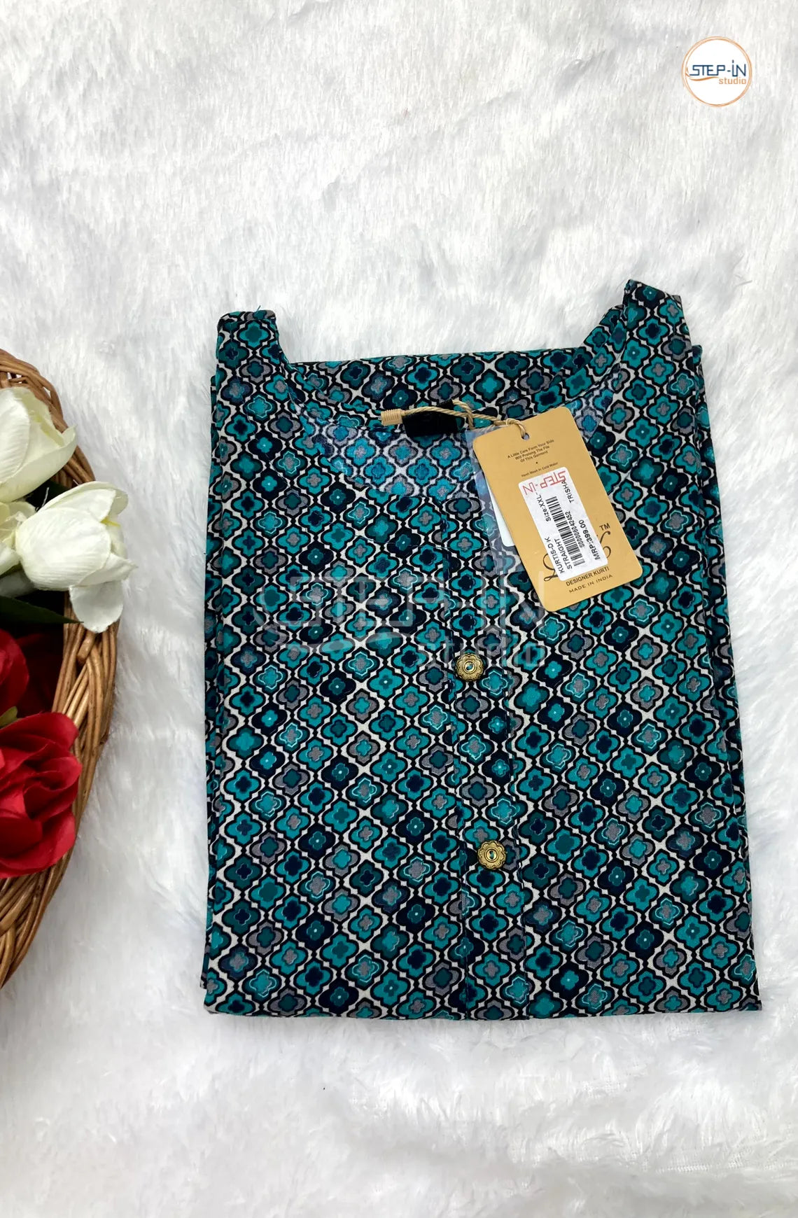 Floral White Clover Printed Top - Mallard Green