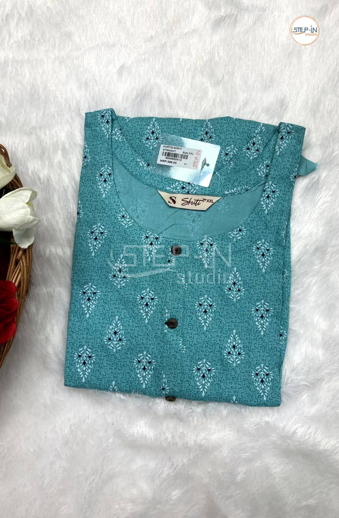 Floral White Flourish Printed Top - Dark Aqua Blue