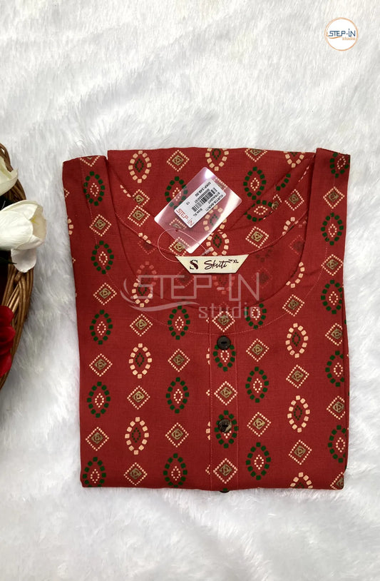 Floral White & Green Printed Cotton Top - Cherrv Red