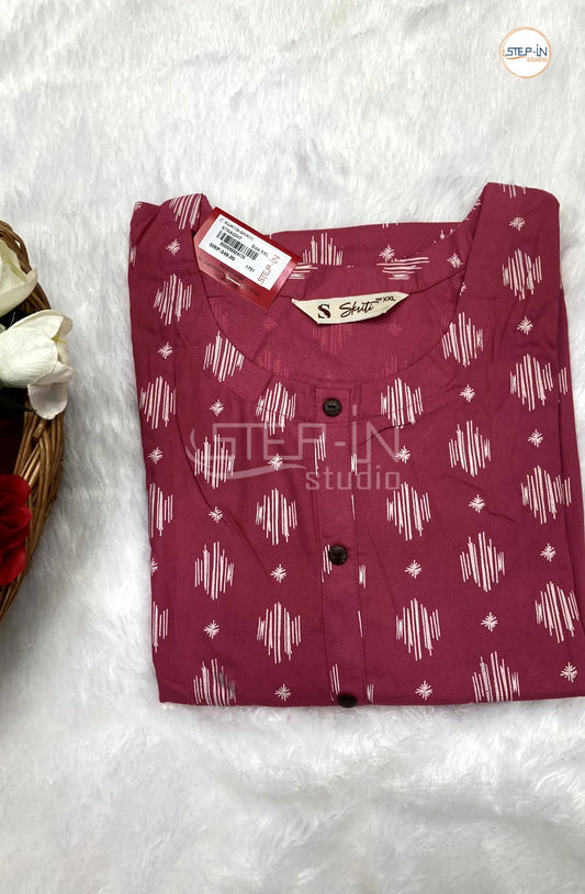 Floral White Ikat Printed Cotton Top - Crimson Pink