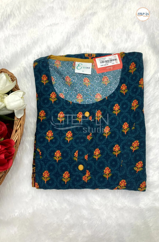 Floral Yellow Flower  Printed Top - Navy Blue