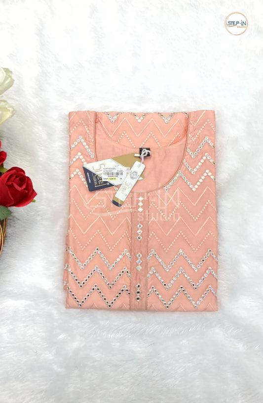 Floral Zig-zag Mirror Work Top - Light Peach