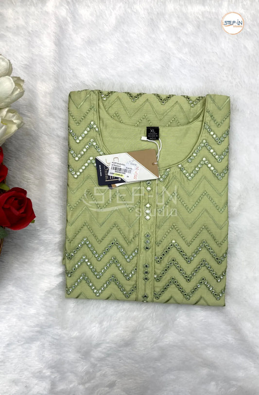 Floral Zig-zag Mirror Work Top - Lime Green