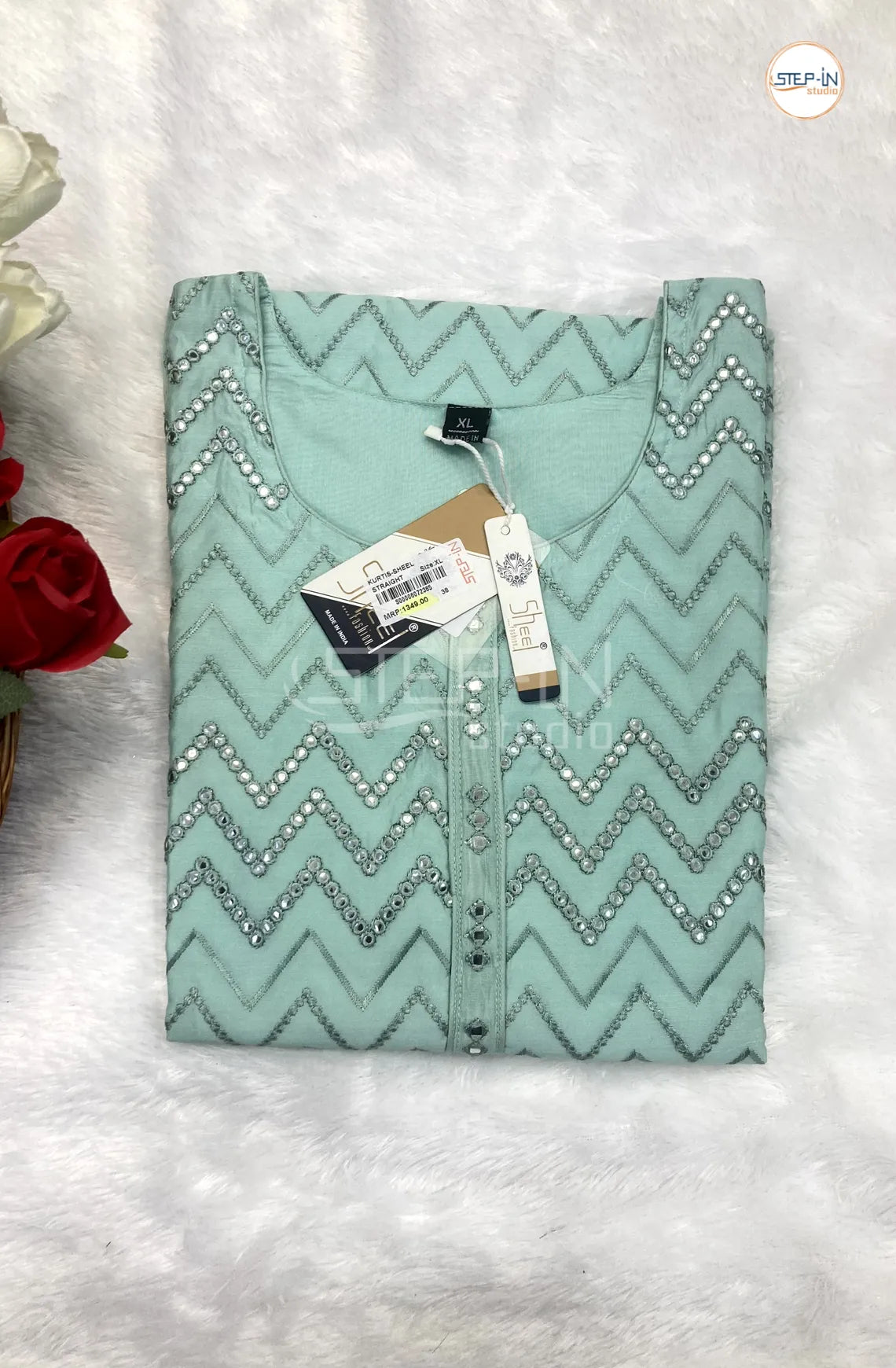 Floral Zig-zag Mirror Work Top - Mint Green