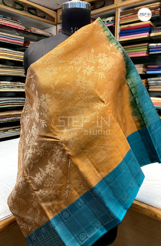 Flower Design Soft Silk Saree With Contrast Boluse and Pallu - Yellow & Teal Green