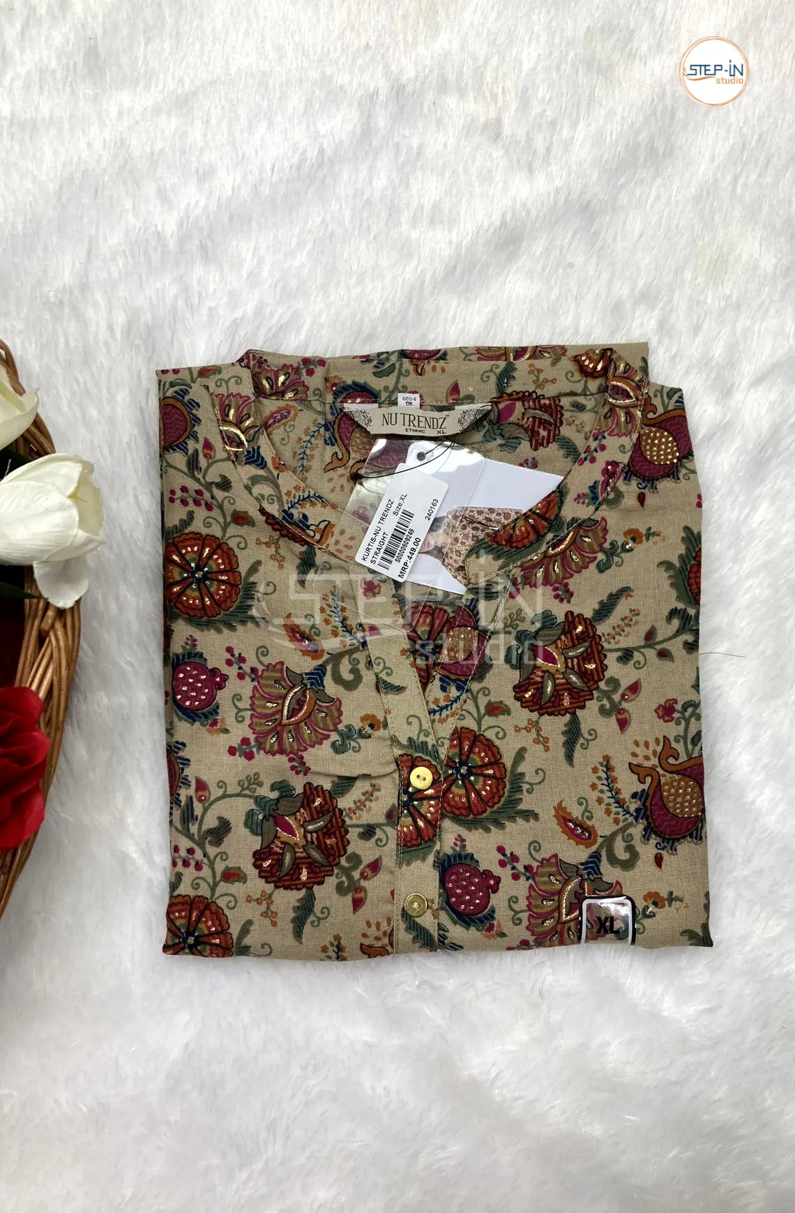 Flower Printed Mandarin Collor Top - Khaki (Copy)