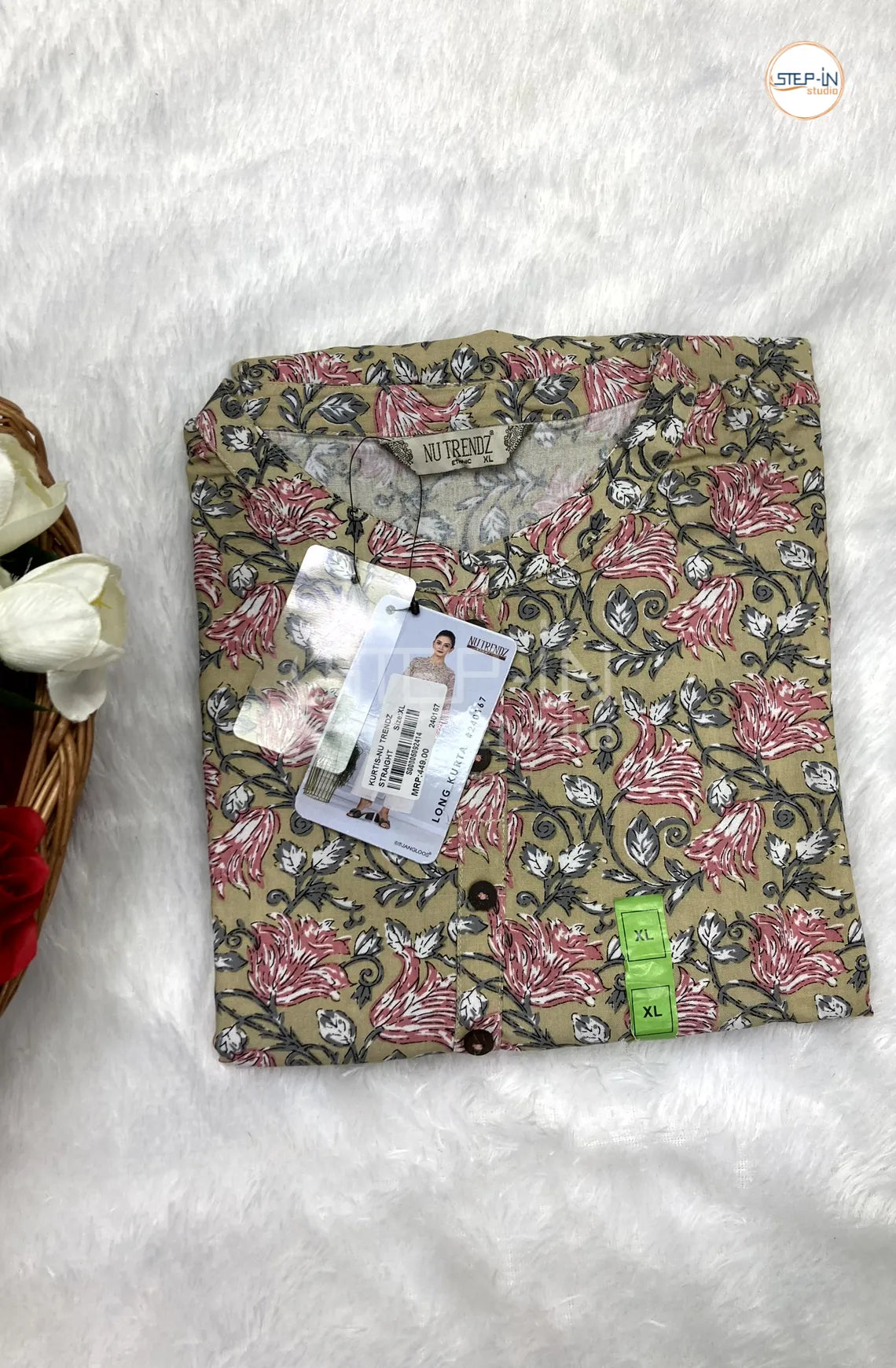 Flower Printed Mandarin Collor Top - Pale Olive Green