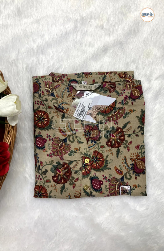 Flower Printed Mandarin Collor Top - Khaki