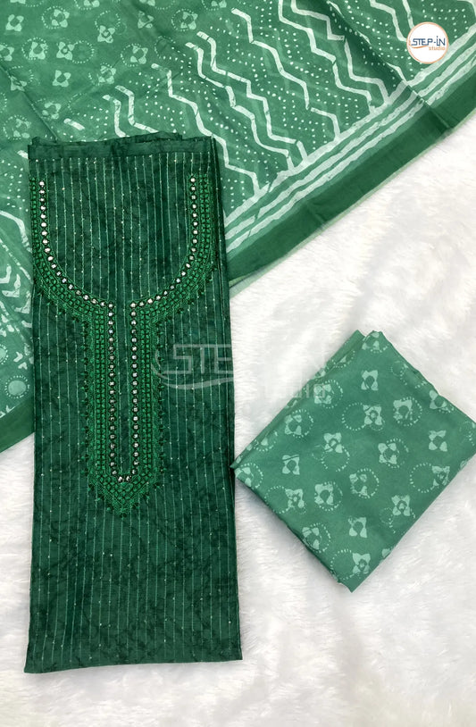 Forest Green Chanderi Neck Mirror & Embroiderd Unstitched Dress Material