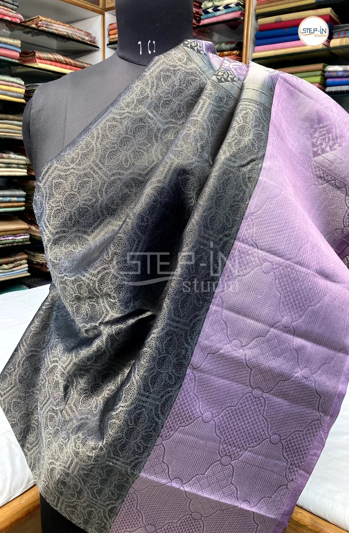 Geometric Design Soft Silk Saree With Contrast Boluse and Pallu - Black & Lavender